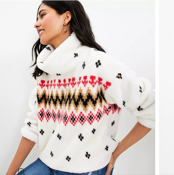 LOFT Fair Isle Mock Neck‎ Sherpa Top, Size Large - Picture 4 of 16